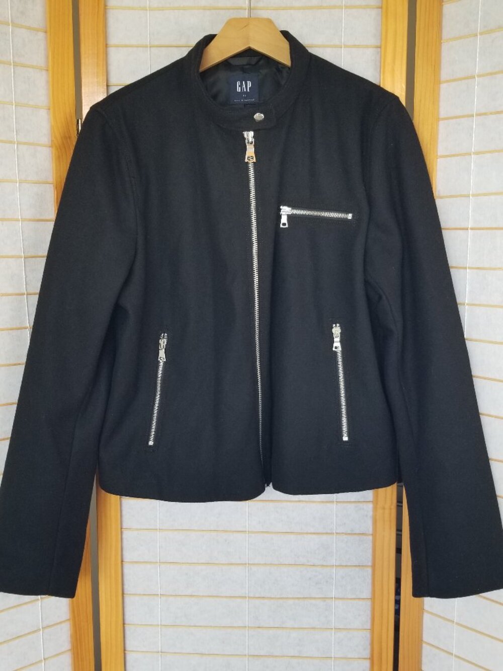GAP Black Moto Jacket Wool Blend Lined Zipper Closure Pockets Size XL
